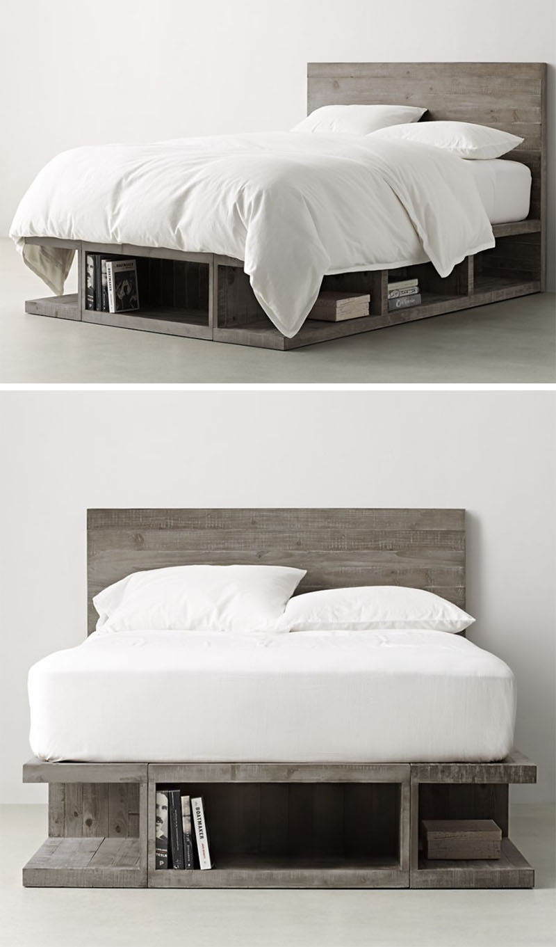 9 Ideas For Under-The-Bed Storage // The grey finish of this storage bed and the shapes of the compartments give it a sort of industrial feel and make it look like it's made of over-sized cinder blocks, even though it's made from wood.