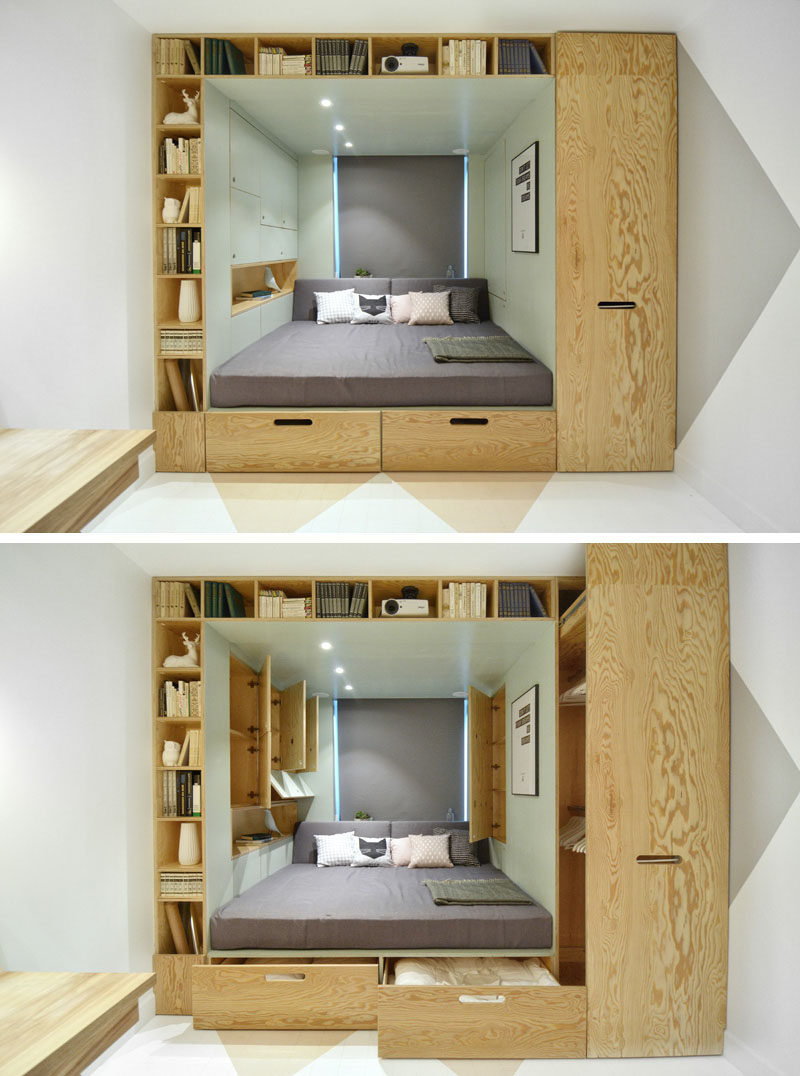 9 Ideas For Under-The-Bed Storage // This bed takes built in storage to the extreme with built in drawers and shelving to provide as much storage as possible.