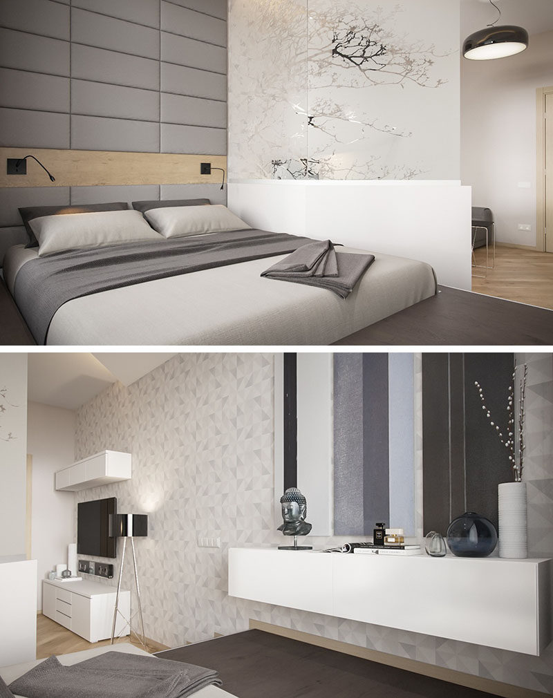 BEDROOM DESIGN IDEA - If you have a living area and bedroom sharing the same space, raise the bed up onto a platform and create a partial wall to clearly define the bedroom and living areas.