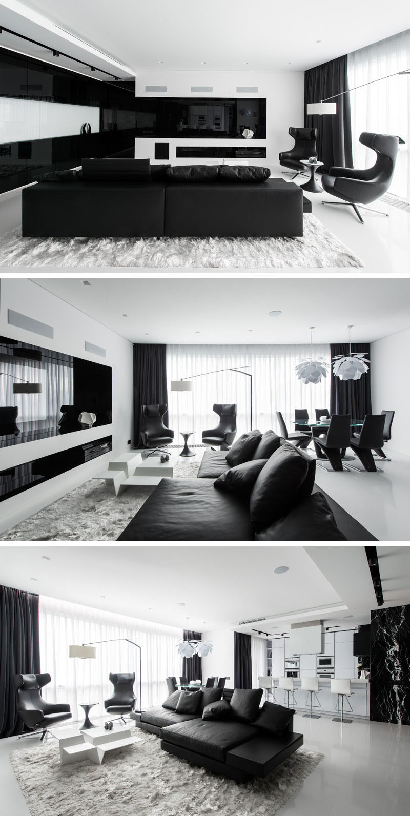 In the living room of this black and white themed apartment, the television is built-in behind the black glass, and when the TV is off, the whole wall looks like a black and white architectural detail.