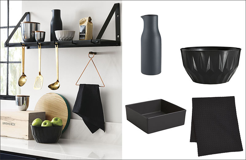 Black accents like shelving, hand towels, pitchers, and large bowls are easy ways to bring black into the kitchen. #BlackKitchen #BlackKitchenAccessories #BlackShelf