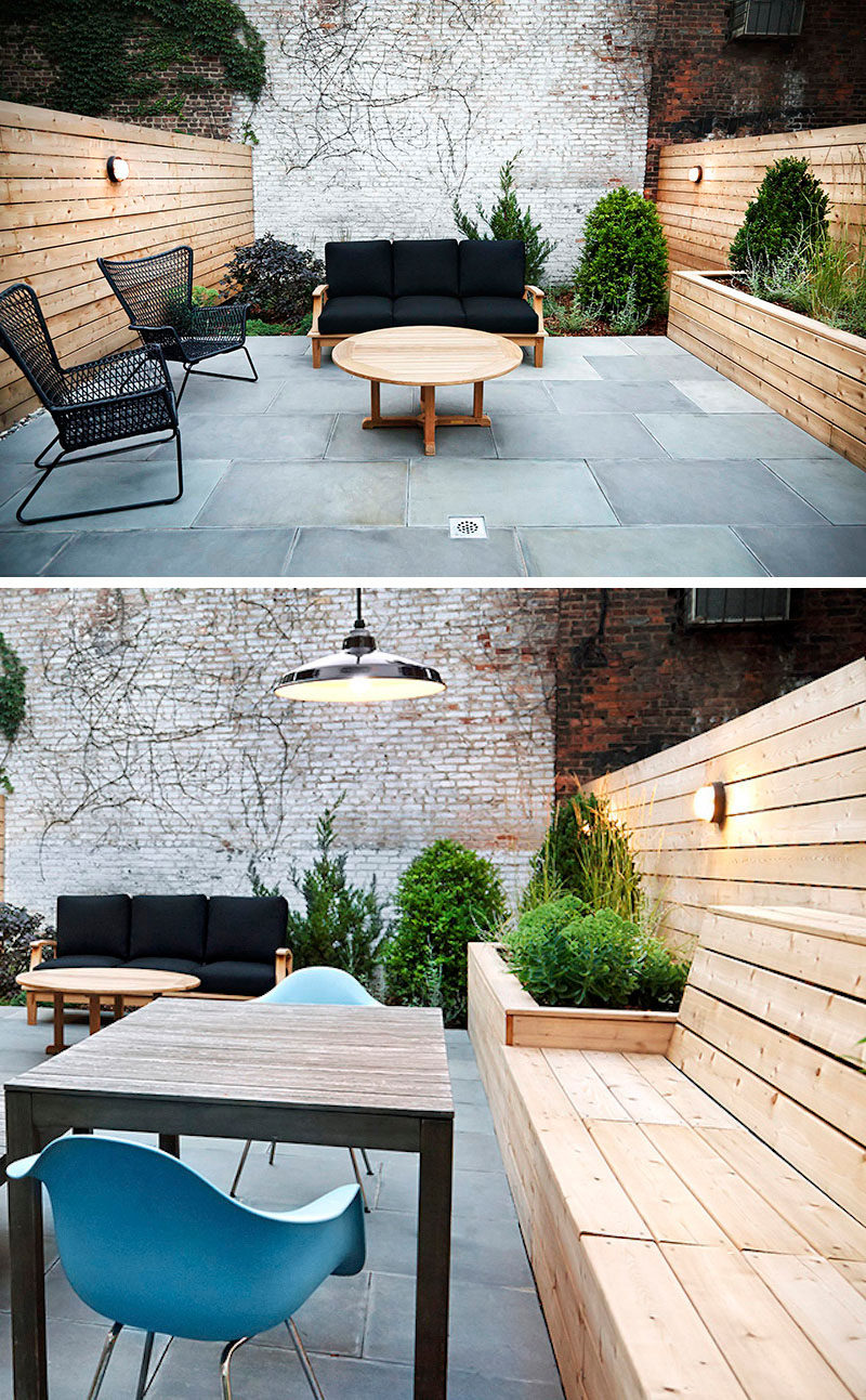 12 Ideas For Including Built-In Wooden Planters In Your Outdoor Space // The light wood planter made from the same wood as the rest of the fence adds dimension to the patio and adds to the natural feel going on in the space. #WoodPlanters #BuiltInPlanters #Landscaping #LandscapeDesign #BackyardPlanters #YardIdeas