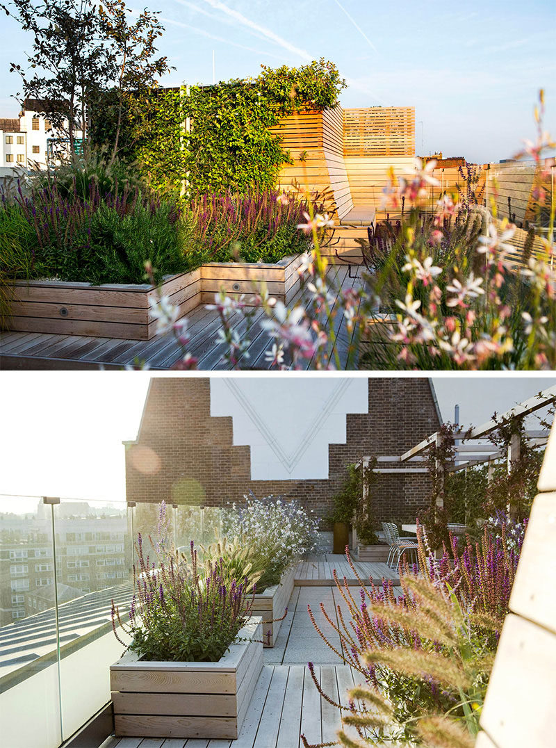 12 Ideas For Including Built-In Wooden Planters In Your Outdoor Space // The wooden planters on this rooftop terrace create a cozy atmosphere and liven up the space with color and texture. #WoodPlanters #BuiltInPlanters #Landscaping #LandscapeDesign #BackyardPlanters #YardIdeas