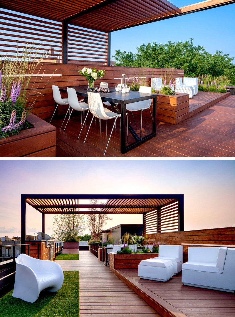 12 Ideas For Including Built-In Wooden Planters In Your Outdoor Space // The built-in wooden planters on this rooftop space, separate the dining area from the lounge area.