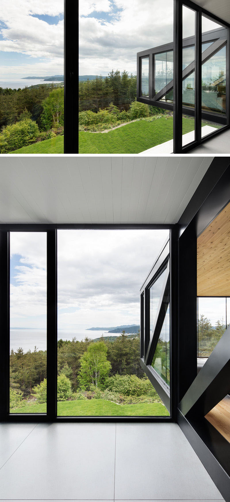 Bold black frames on the cantilevered part of this house, match the other frames found throughout the home.