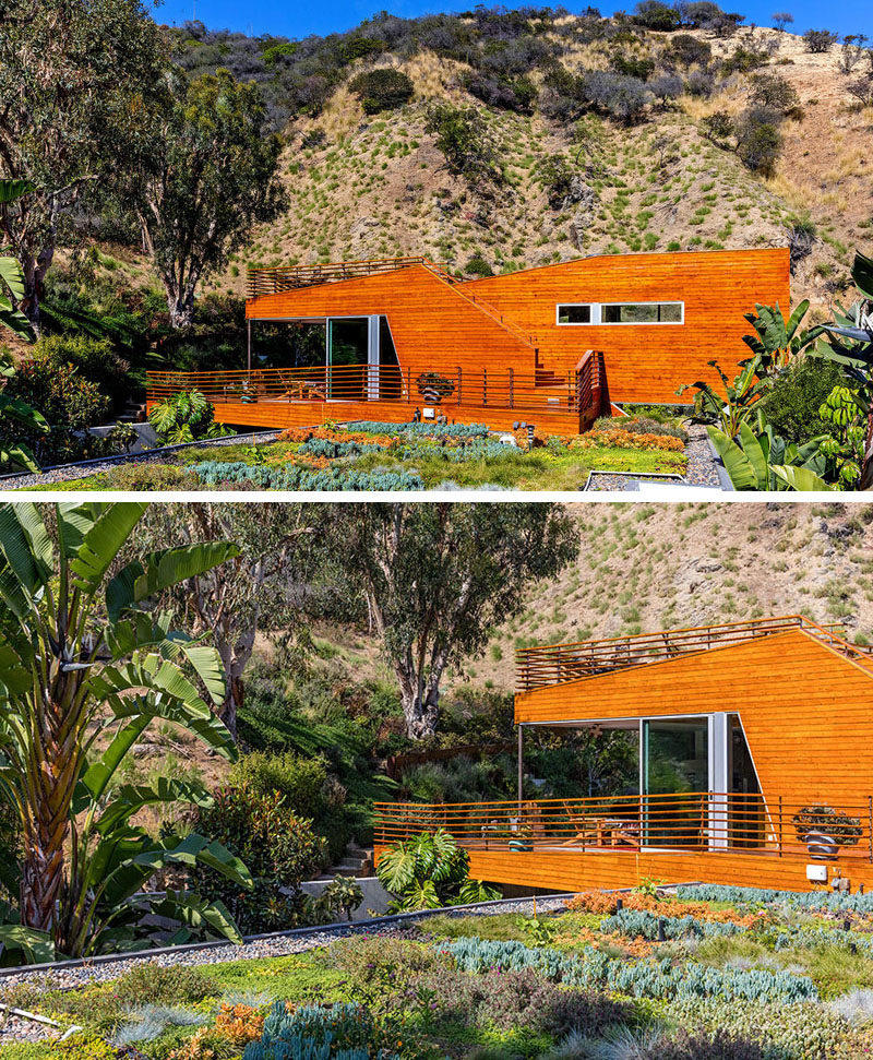 This home in California has a green roof that can be viewed from the second floor balcony.