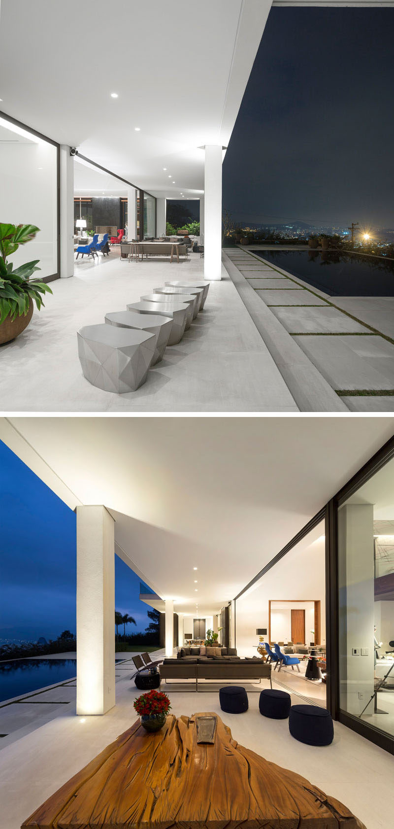 This outdoor living area next to the pool, has been broken up into various sitting areas.