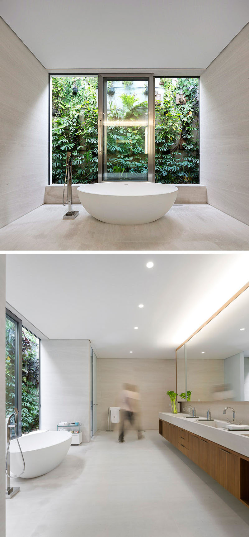 This master bathroom has the bathtub positioned to take advantage of the views of the relaxing garden environment outside.