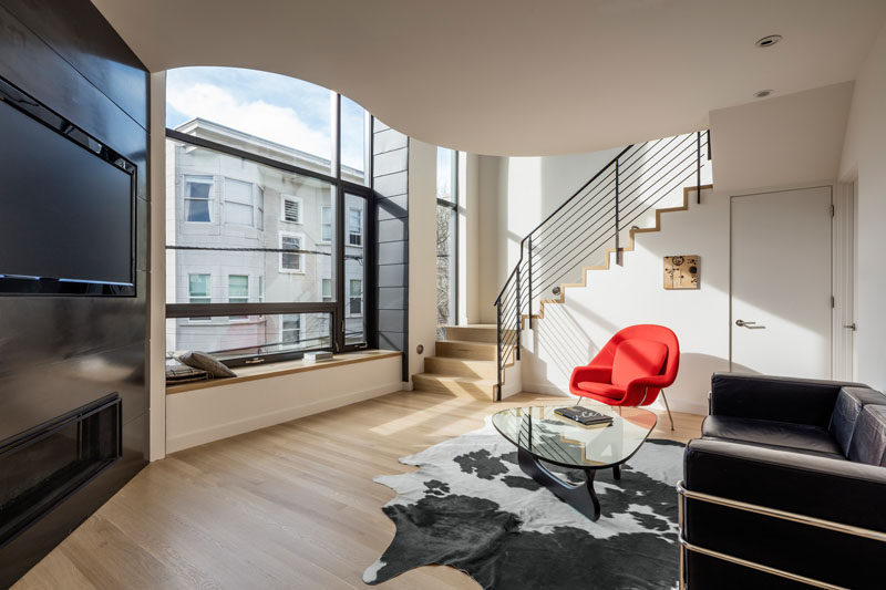 This living room has a long built-in window seat.