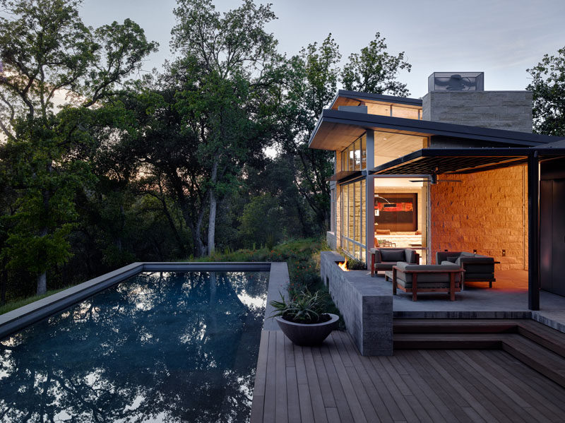 This weekend retreat, designed by Feldman Architecture, features pre-weathered corrugated steel cladding and buff limestone walls, and is located atop a ridge in the Santa Lucia mountains of Carmel, California.