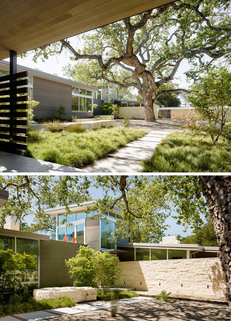 Various paths in the landscaped courtyard, designed by Bernard Trainor + Associates, lead to the different areas of the home.