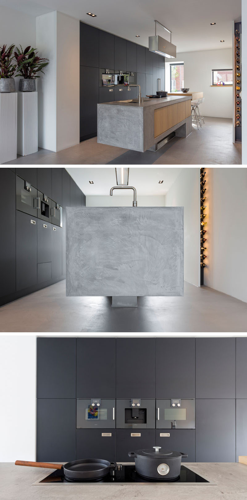 This kitchen palette is a combination of wood, steel and concrete, and it appears to float above the floor. A small area for wine storage is also included that features hidden lighting, essentially placing the wine on display.