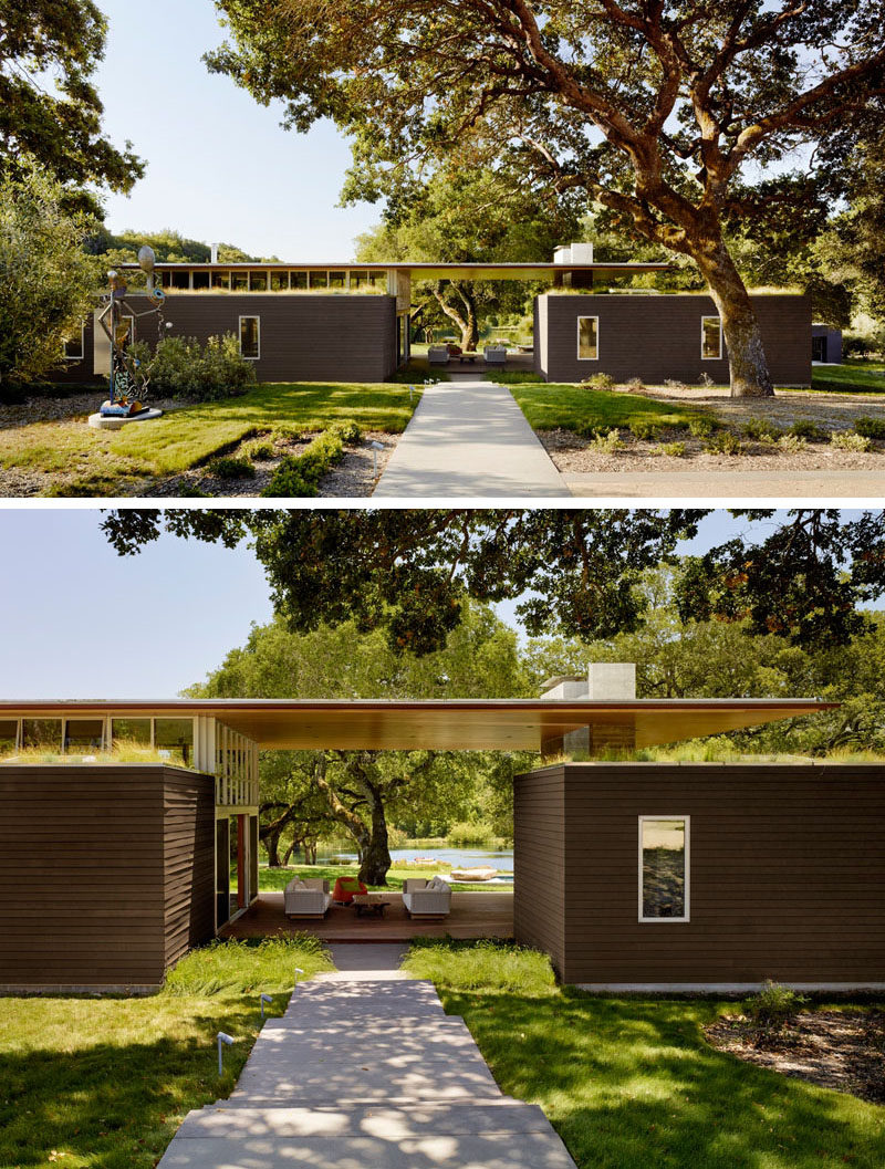 Tucked away in a meadow with oak trees and a small pond, is this contemporary home located in Sonoma, California.