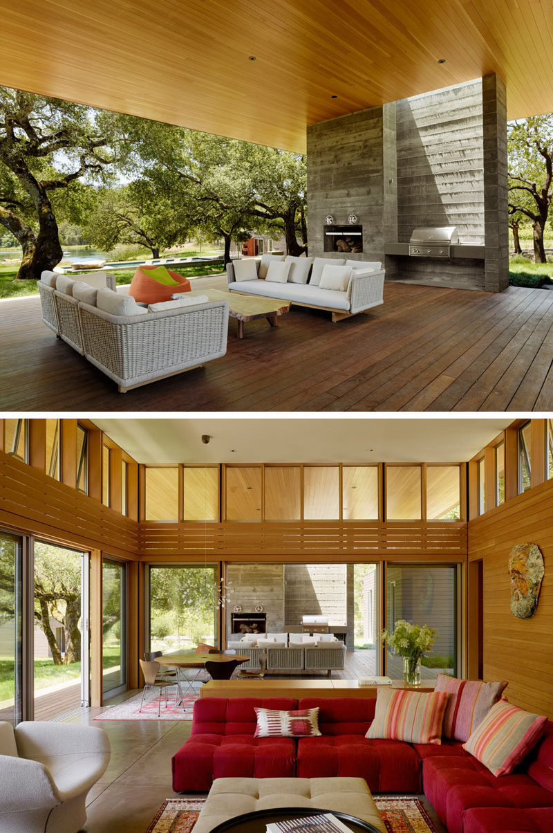 This covered outdoor lounge area has a fireplace and bbq area. It also located just off the side of the interior living room.