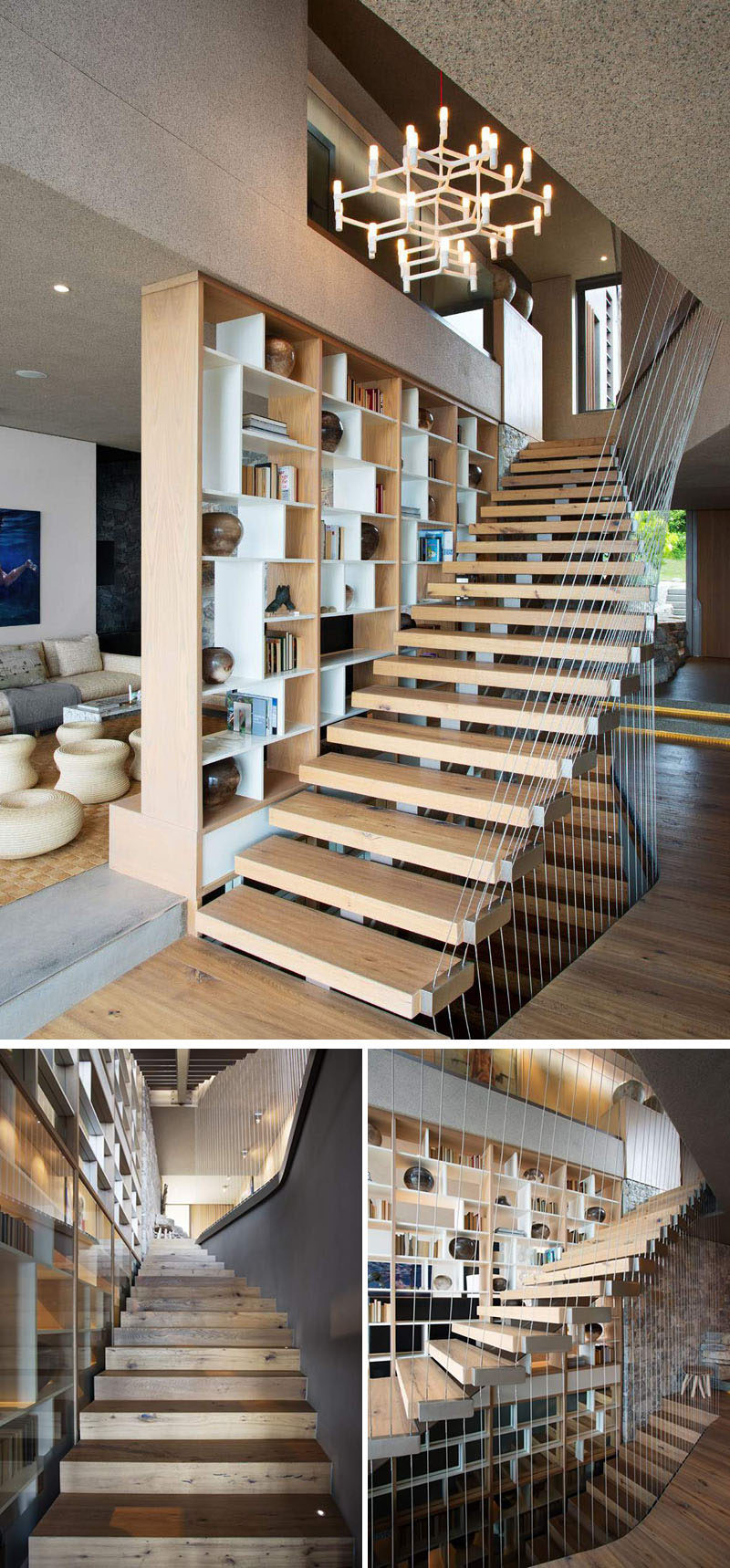 A bookshelf separates one living area from the wooden stairs, and an artistic wire cable detail acts as a safety rail.