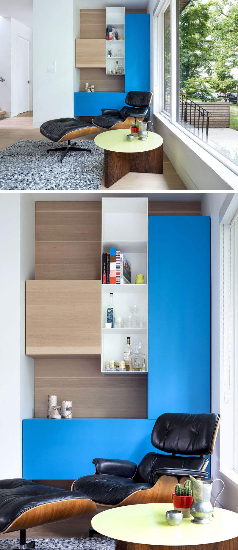 Pops of color and built-in shelving have been used in this small sitting area.