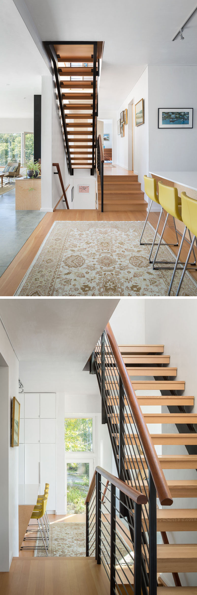 Wood and steel stairs match the wood flooring in the kitchen of this home.