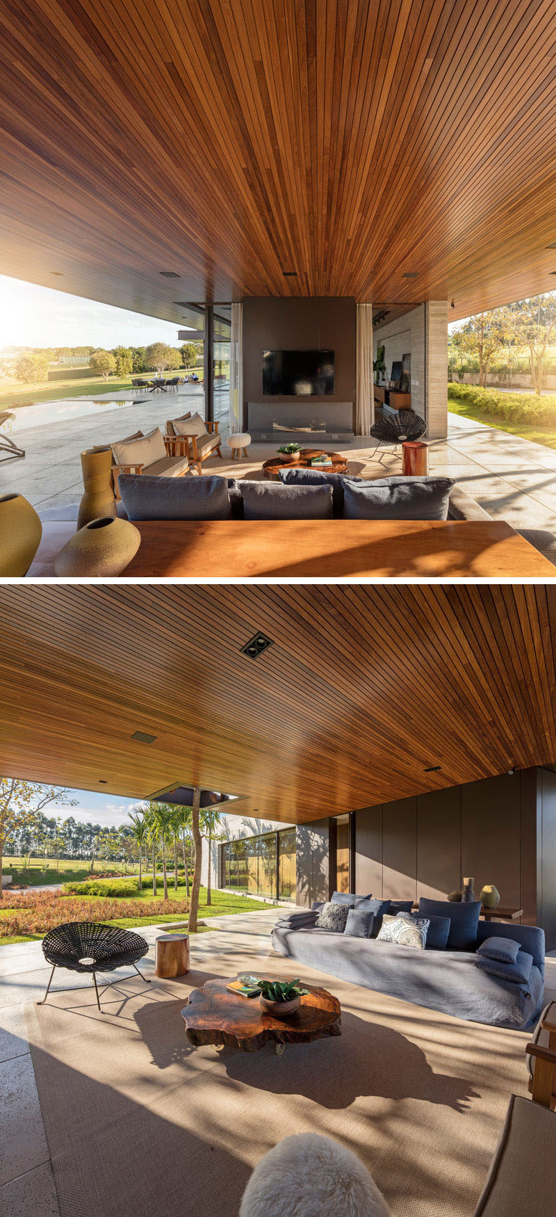 Next to the swimming pool in this Brazilian home is an outdoor lounge area, with television and fireplace, and a wooden ceiling that travels the length of the house.