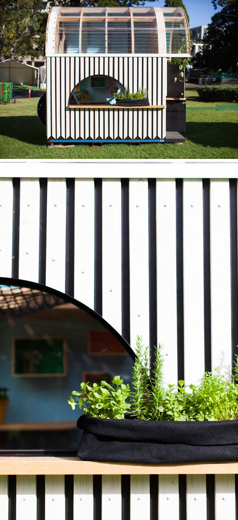 This modern playhouse (or cubbyhouse) has decorative siding and a curved roof with windows. Inside, there's bench seating, storage and loft with a net for relaxing.