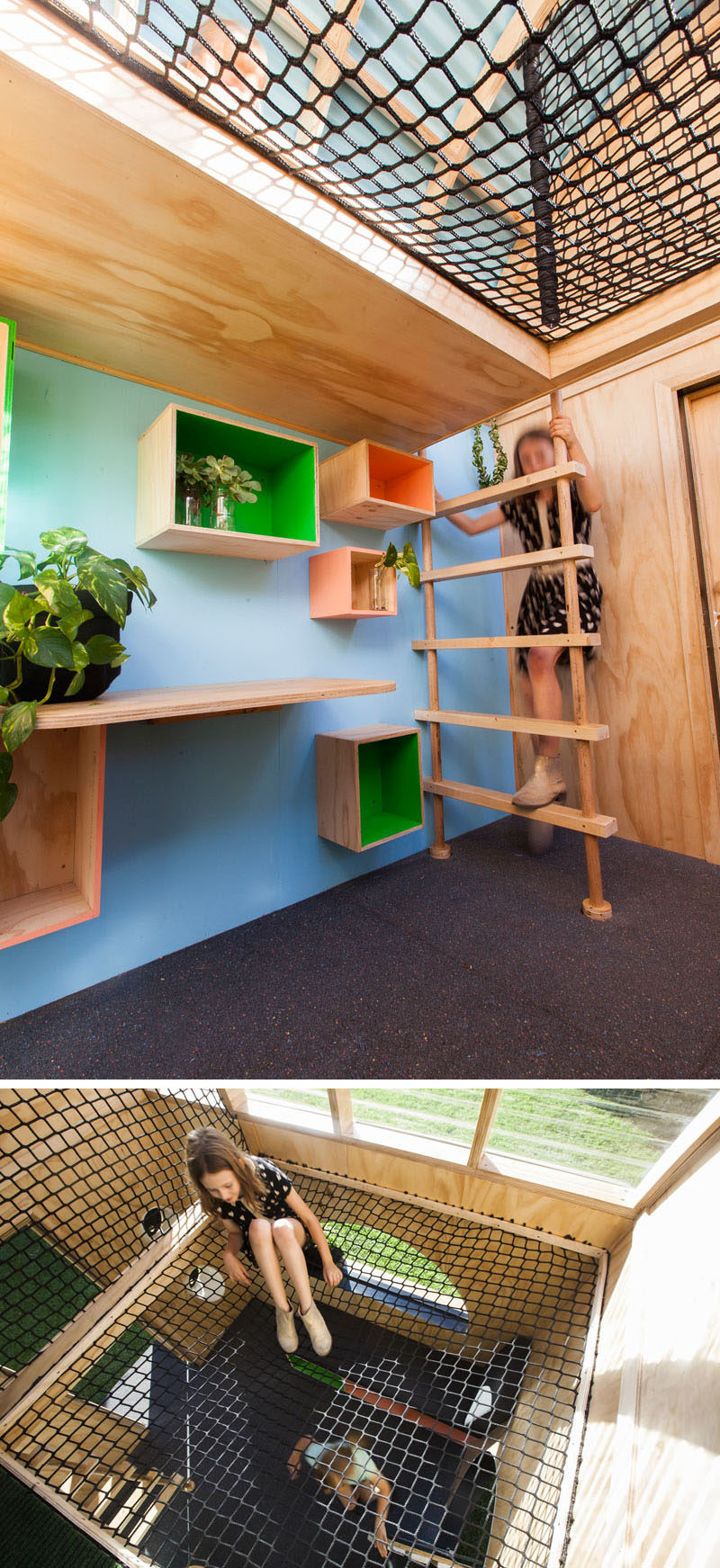 This modern playhouse (or cubbyhouse) has decorative siding and a curved roof with windows. Inside, there's bench seating, storage and loft with a net for relaxing.