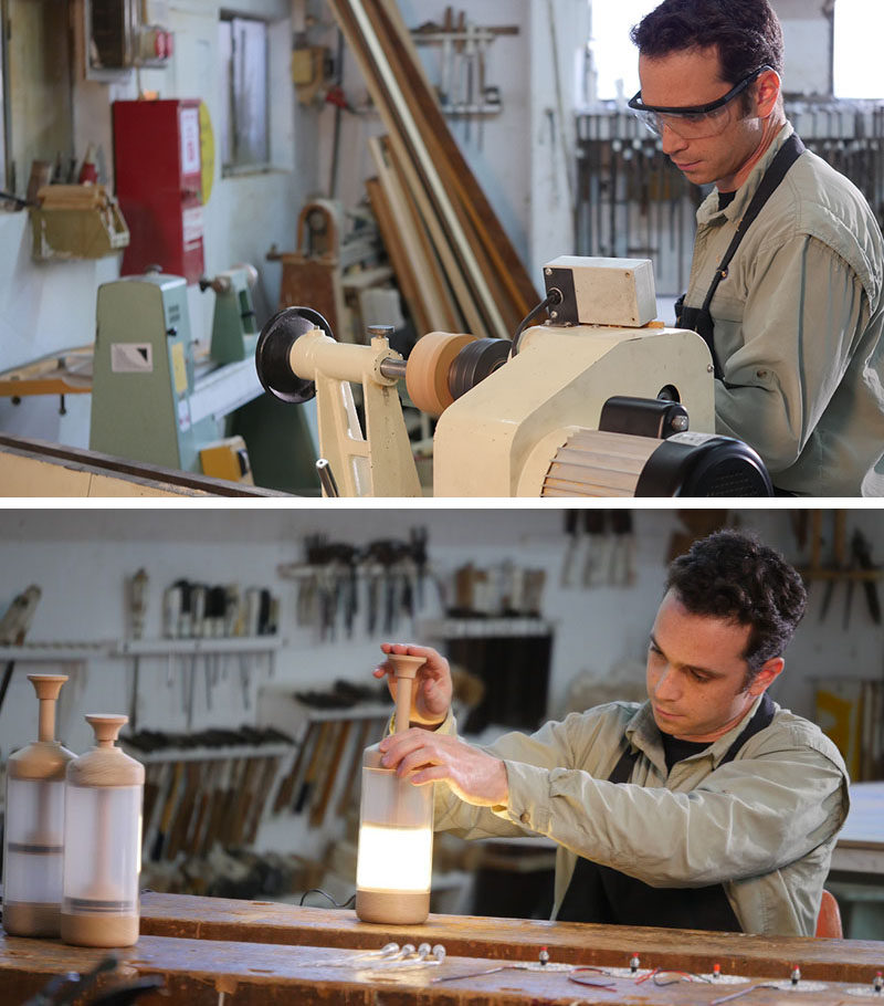 London-based duo Omer & Ortal Menashri, have designed a lamp that allows you to adjust the amount of light it shows by quickly pushing the light down, or by using the screw mechanism, depending on the design.