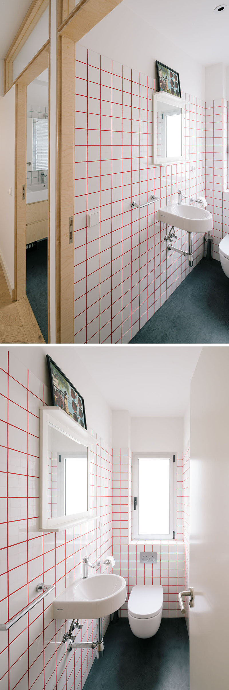 Bright red grout was used between square white tiles to brighten up this bathroom.