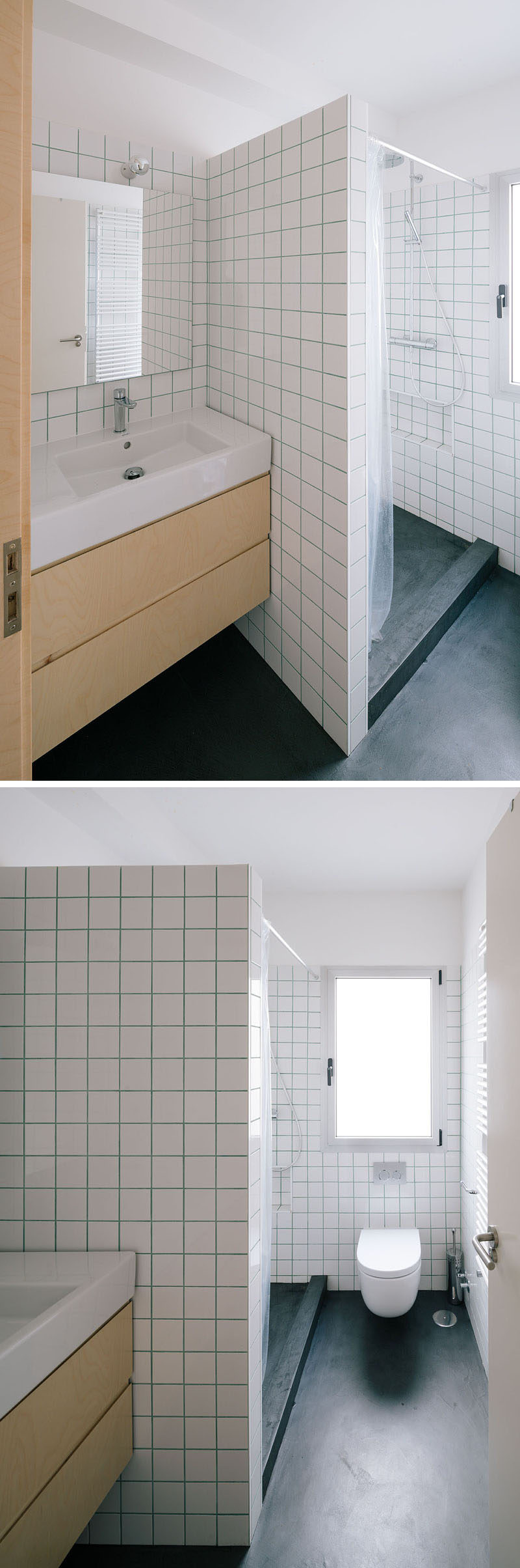 Bluish-Green Colored Grout Breaks Up The White Tile Used Throughout This Bathroom