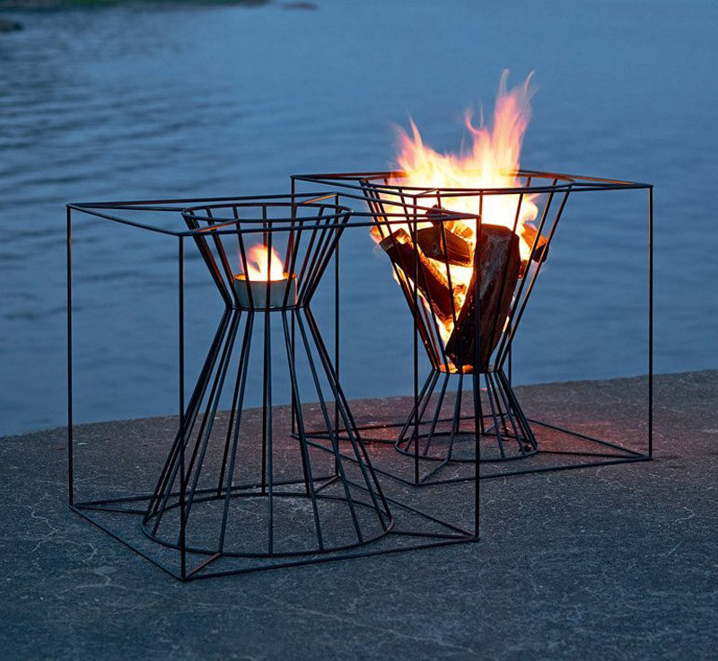 This black framed outdoor fire basket is perfect for summer nights.