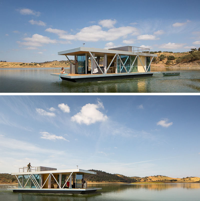 11 Awesome Examples Of Modern House Boats // Designed to be fit into two shipping containers, this houseboat can be sent anywhere around the world.