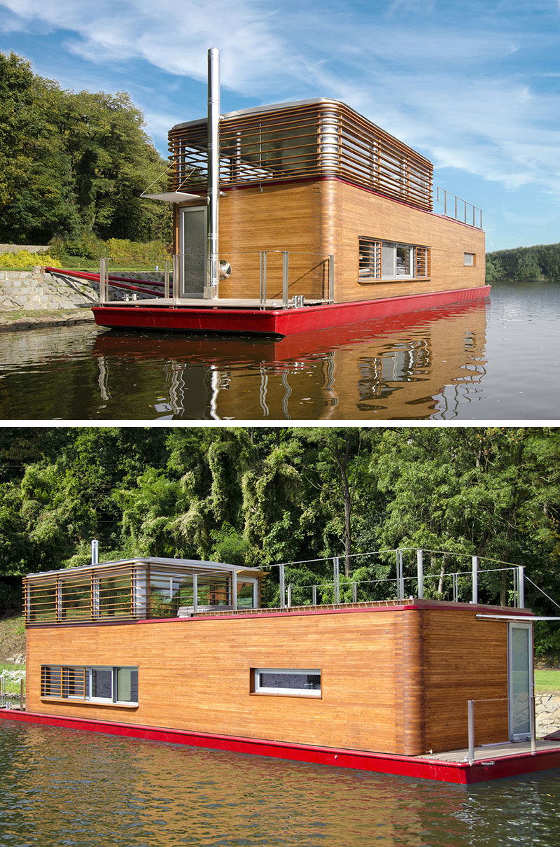 11 Awesome Examples Of Modern House Boats // Use of stainless steel beams and wood paneling help to regulate the climate inside the boat and allow for beautiful views without excess amounts of sun getting in.