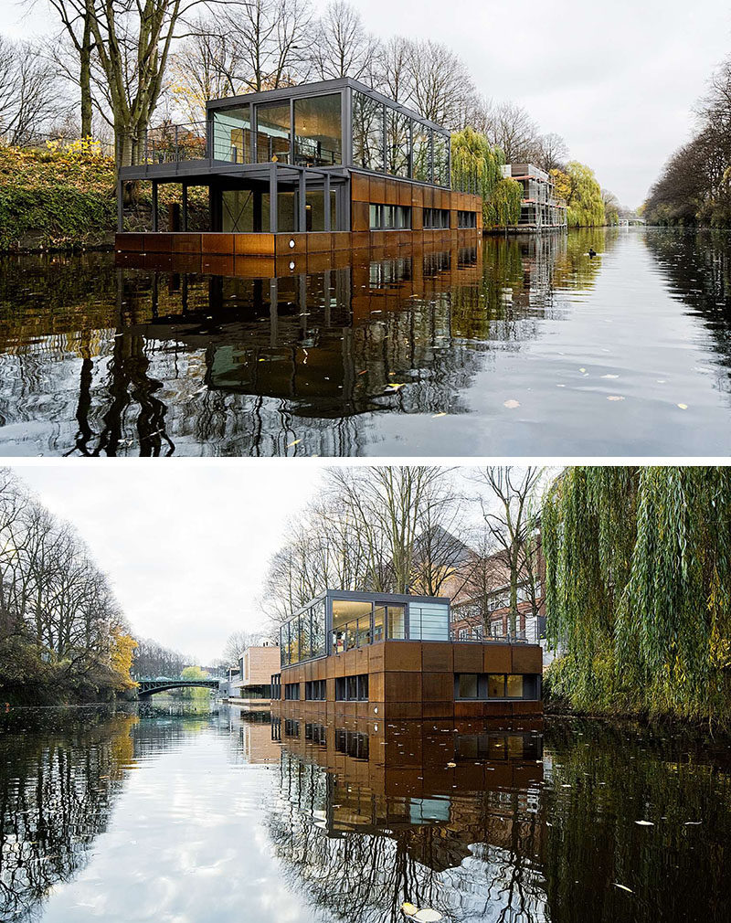 11 Awesome Examples Of Modern House Boats // Floating between two bridges in Hamburg, this multilevel houseboat offers a peaceful escape from city life with beautiful views of the water and surrounding areas.