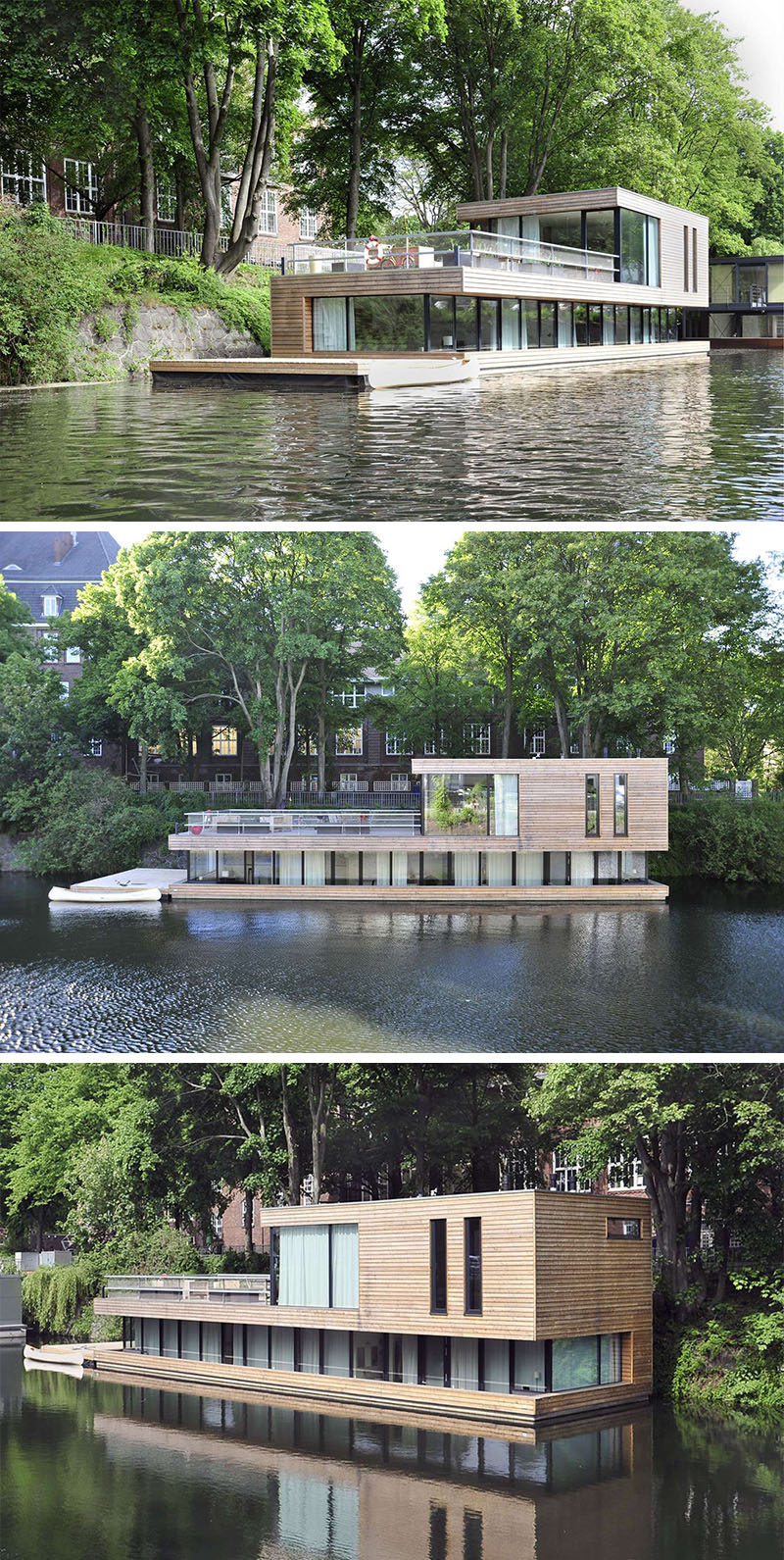 11 Awesome Examples Of Modern House Boats // This floating home has most of the living space on the bottom floor with a deck and kitchen area on overlooking the rest of the canal.