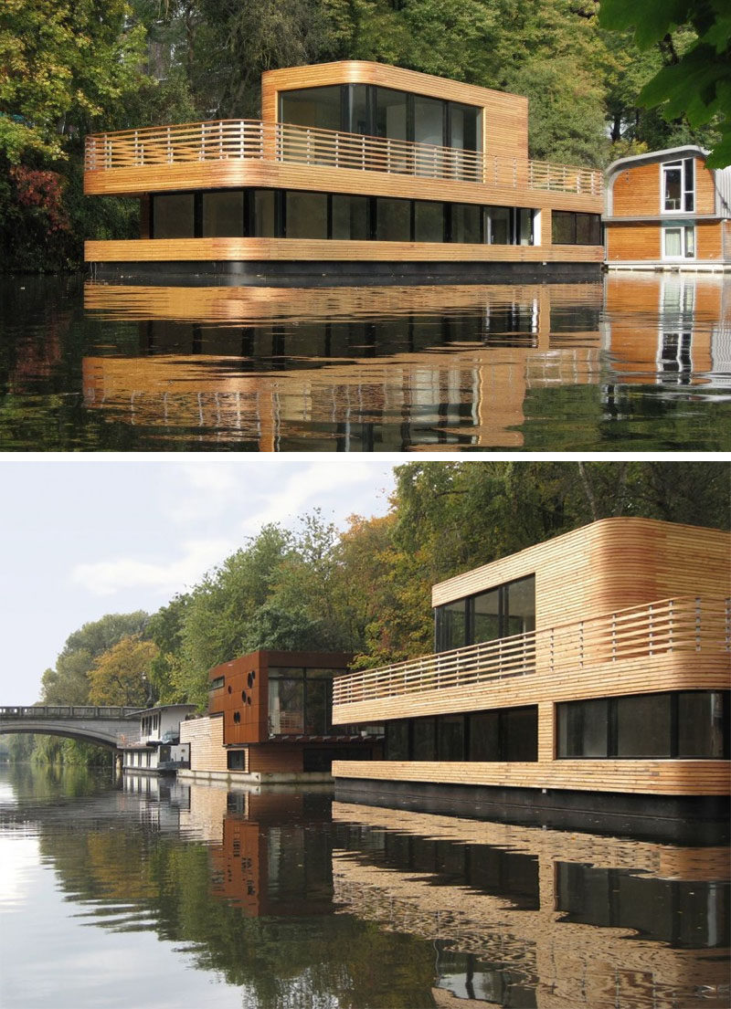 11 Awesome Examples Of Modern House Boats // This houseboat in Germany, combines the character of a boat with the comfort of a traditional family home.