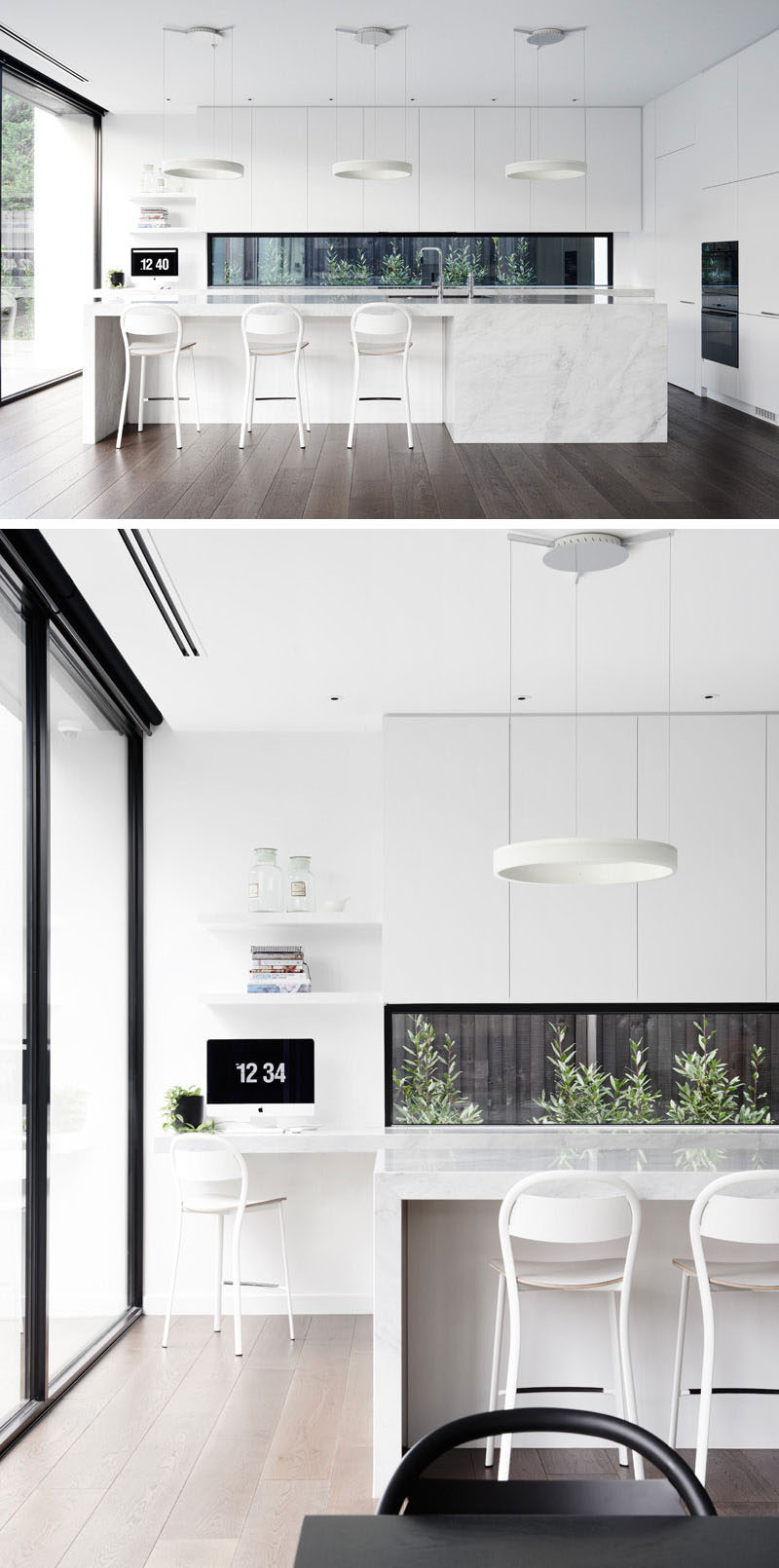 12 Inspirational Examples Of Letterbox Windows In Kitchens // The black frame of the letterbox window in this Melbourne home complements the other touches of black used throughout the kitchen and creates a brighter alternative to a backsplash.