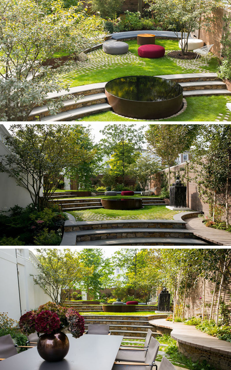13 Multi-Level Backyards To Get You Inspired For A Summer Backyard Makeover // This backyard has multiple levels for entertaining and relaxing, with a water feature as a focal point.