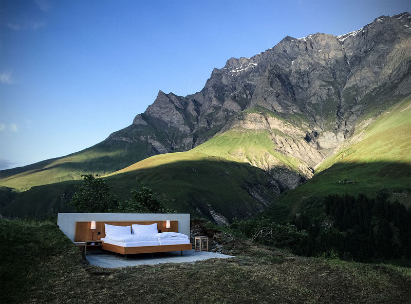 Fancy Sleeping Under The Stars In The Swiss Alps? Consider this open-air hotel room by the Null Stern Hotel in Safiental, Switzerland.