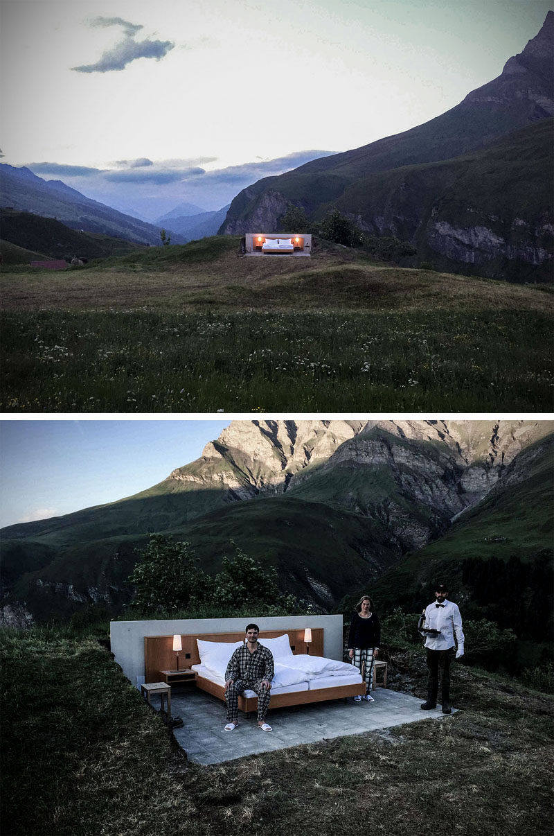 Fancy Sleeping Under The Stars In The Swiss Alps? Consider this open-air hotel room by the Null Stern Hotel in Safiental, Switzerland.