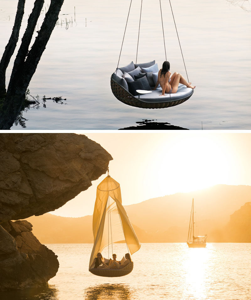 12 Outdoor Furniture Designs That Add A Sculptural Element To Your Backyard // This large, hanging lounger, encourages you to enjoy nature while gently swaying along with the breeze.