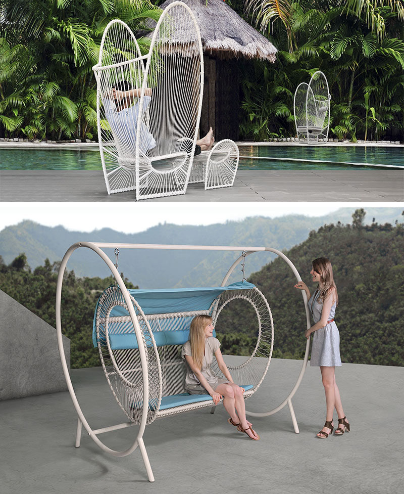 12 Outdoor Furniture Designs That Add A Sculptural Element To Your Backyard // Nylon cords wrapped around a powder-coated steel frame give the PAPILLON chair a unique look and provide ultimate comfort.