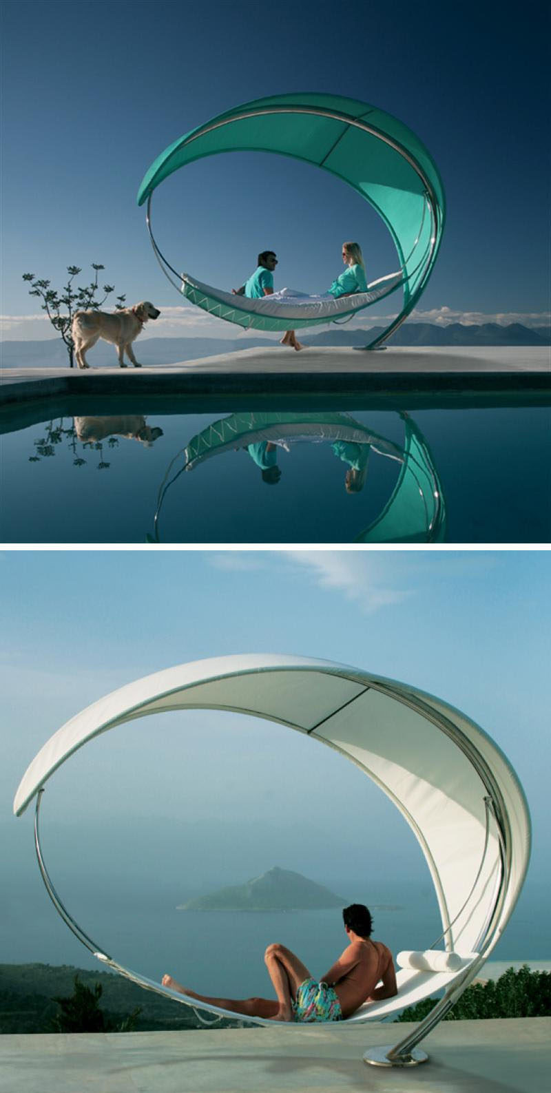 12 Outdoor Furniture Designs That Add A Sculptural Element To Your Backyard // Slowly rock in the wind and enjoy the view with this standalone hammock that looks more like a piece or art than a chair.