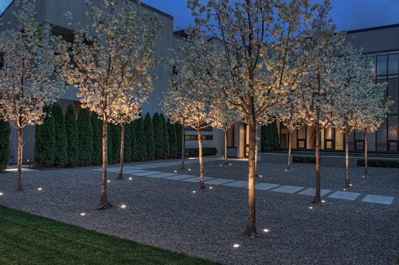 17 Inspiring Examples Where Exterior Uplighting Has Been Used To Show Off A House // Two lights placed on either side of each tree in the courtyard of this entry way illuminate the undersides of the trees and brightens the path leading to the front door.