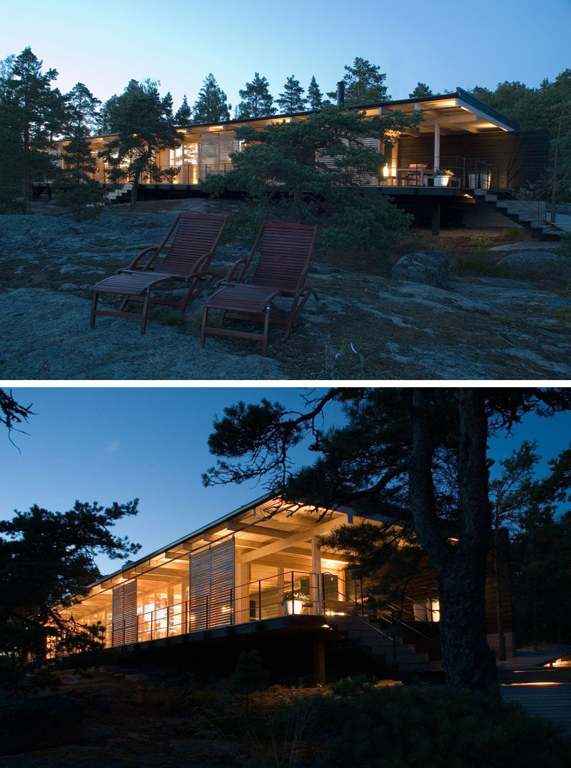 Designed by Sigge Arkkitehdit Oy, the cottage was created to be as low and as discreet as possible, but at the same time allowing for views of the landscape.