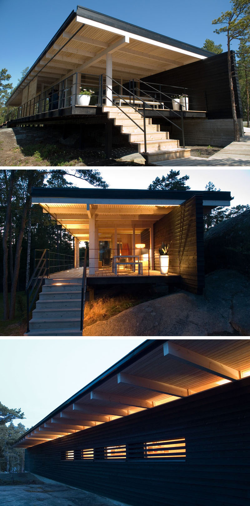 This year-round cottage is constructed from prefabricated parts made of Finnish timber and are framed according to a modular system. One side of the cottage is open to the view, while the back wall is stained black.