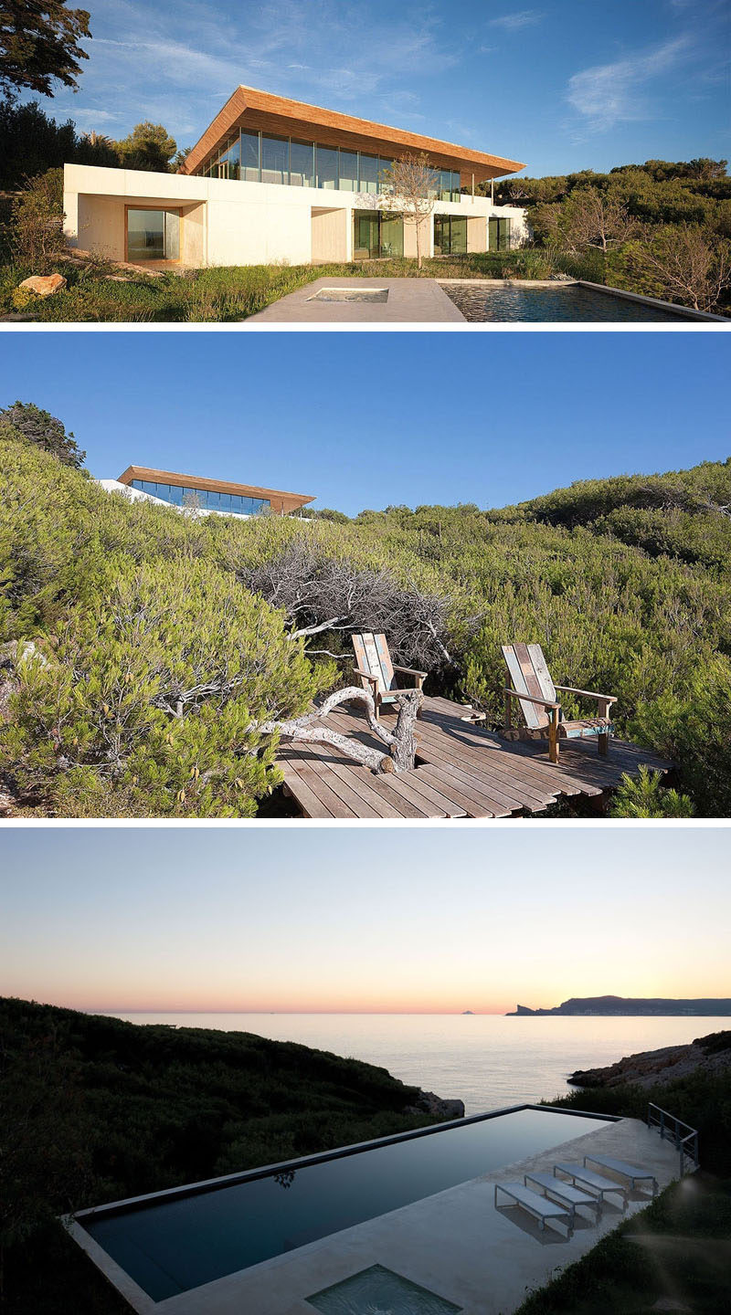 13 Totally Secluded Homes To Escape From The World // Along the coast of France is the secluded ALON house by AABE. With floor to ceiling windows along the back of the house and uninterrupted views of the ocean and surrounding landscape, this house provides an ideal escape from hectic everyday living.