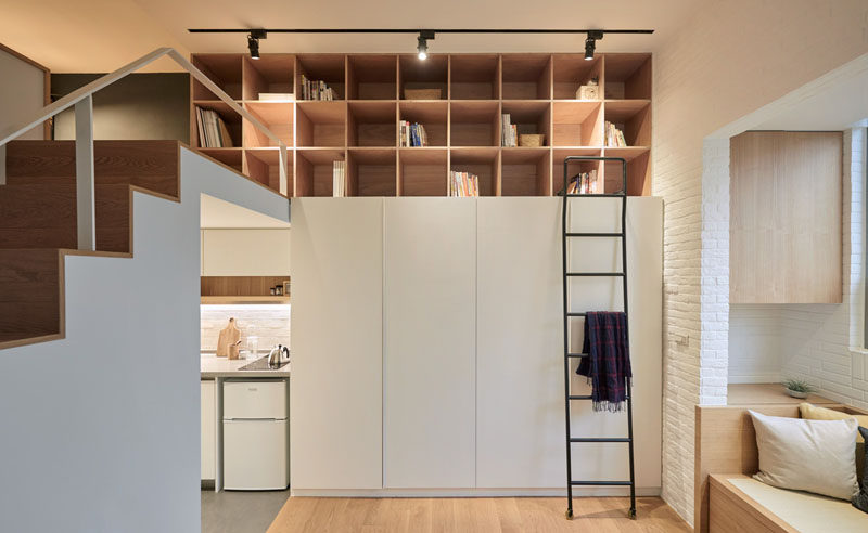 This tiny apartment in Taiwan makes use of every space possible and has a mezzanine for the bedroom.