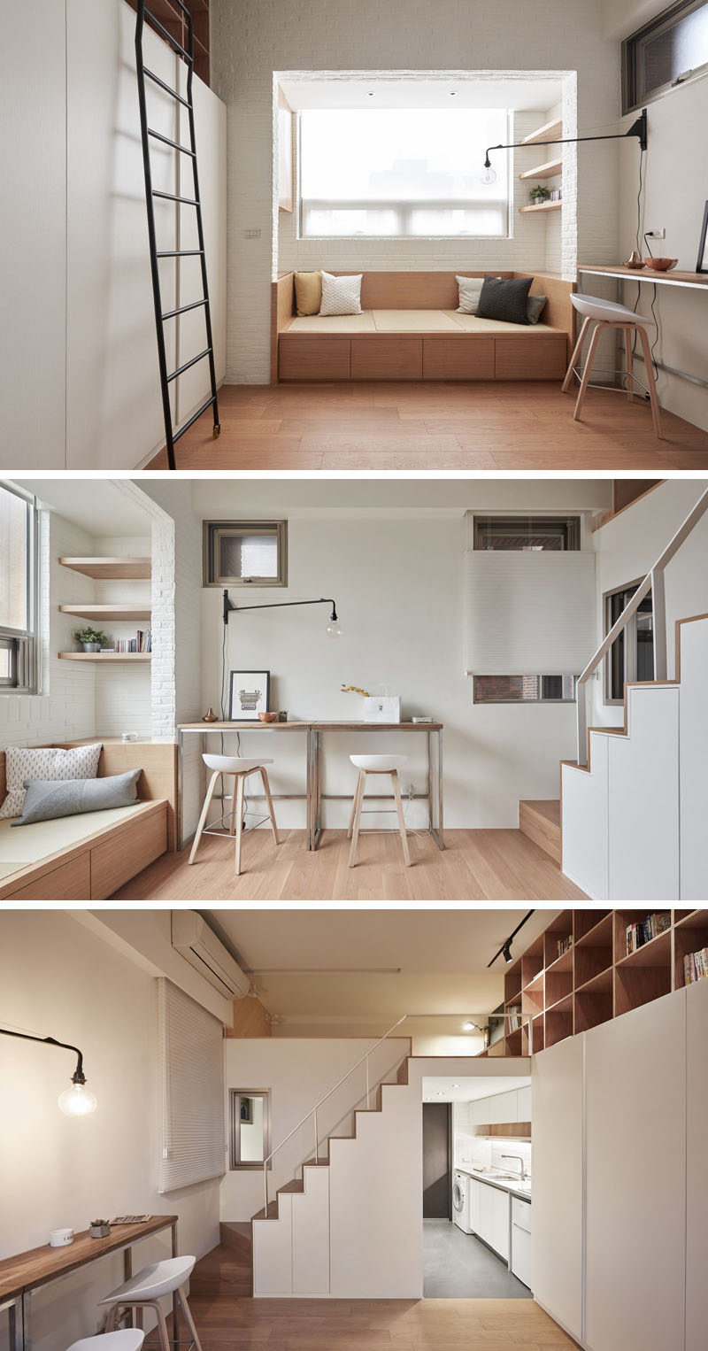 This small apartment has a built-in sofa to provide comfortable seating, and a bar tables have been placed against the wall to be used as a desk or counter area. If needed, the tables can be moved into the center of the room and an act as a dining table.