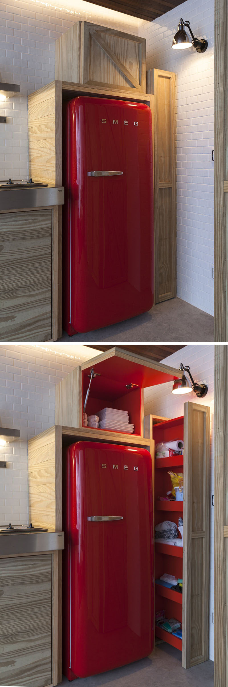 The cabinets that surround this bright red SMEG fridge, have a hidden pop of colour that matches the color of the fridge.