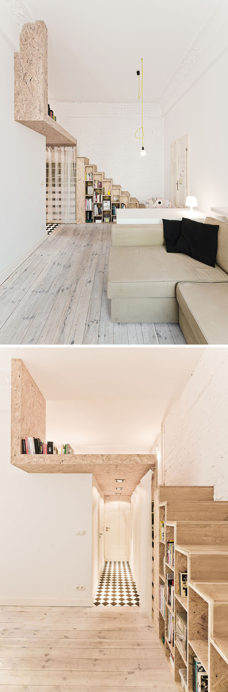 In this small apartment, these wooden stairs with storage lead to a lofted bed.