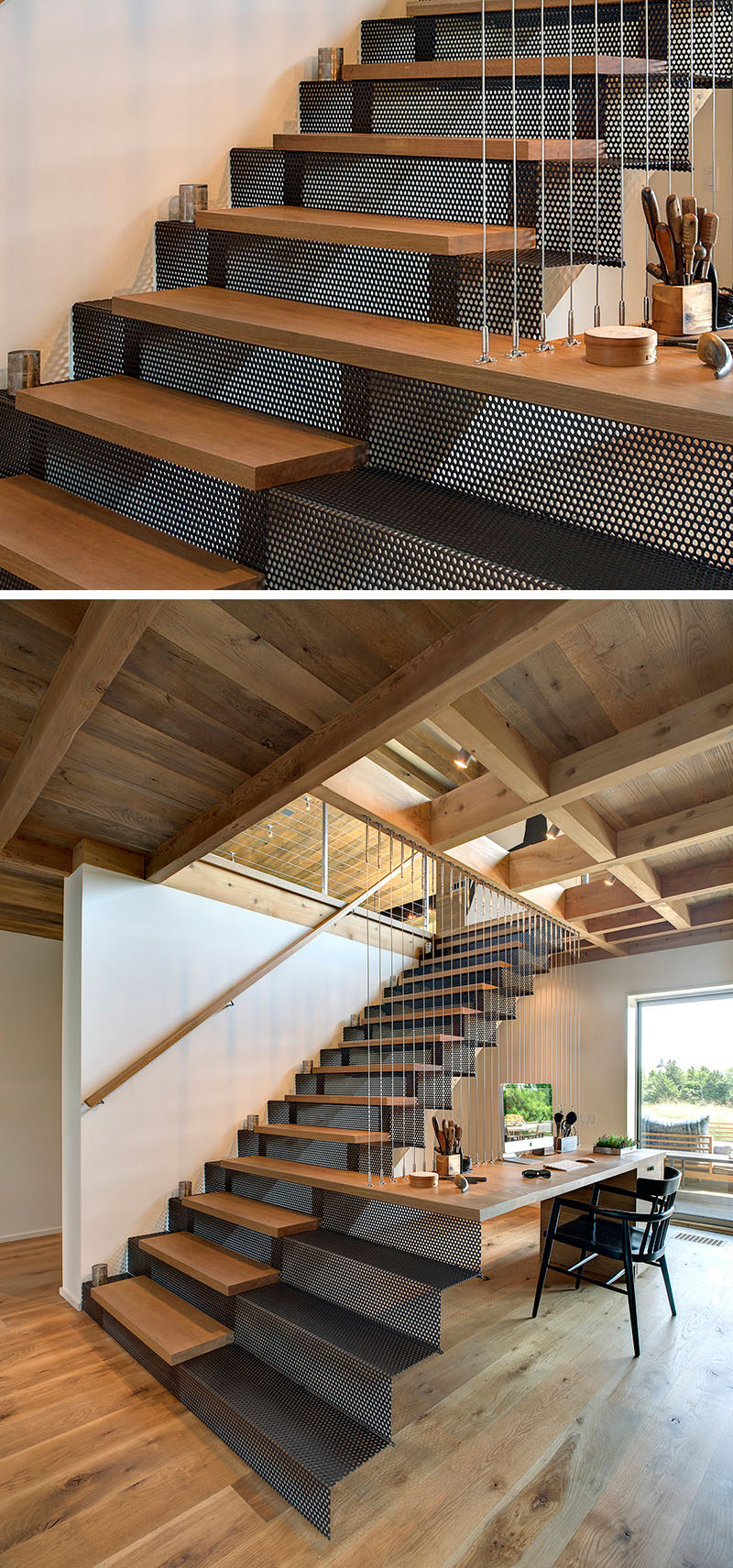 18 Examples Of Stair Details To Inspire You // These wood and perforated steel stairs extend out to create a space for a home office.