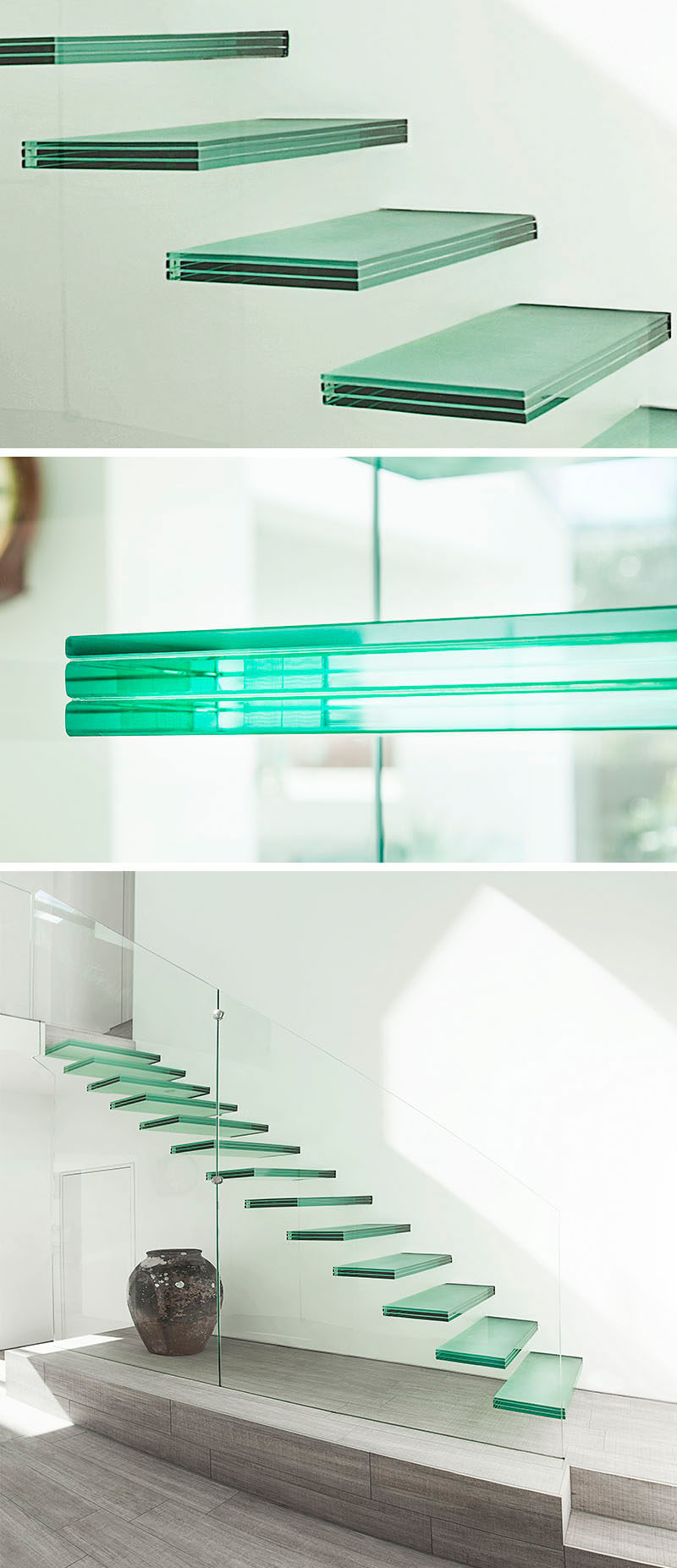 18 Examples Of Stair Details To Inspire You // Each tread on these stairs is made up of three layers of a blue/green glass.